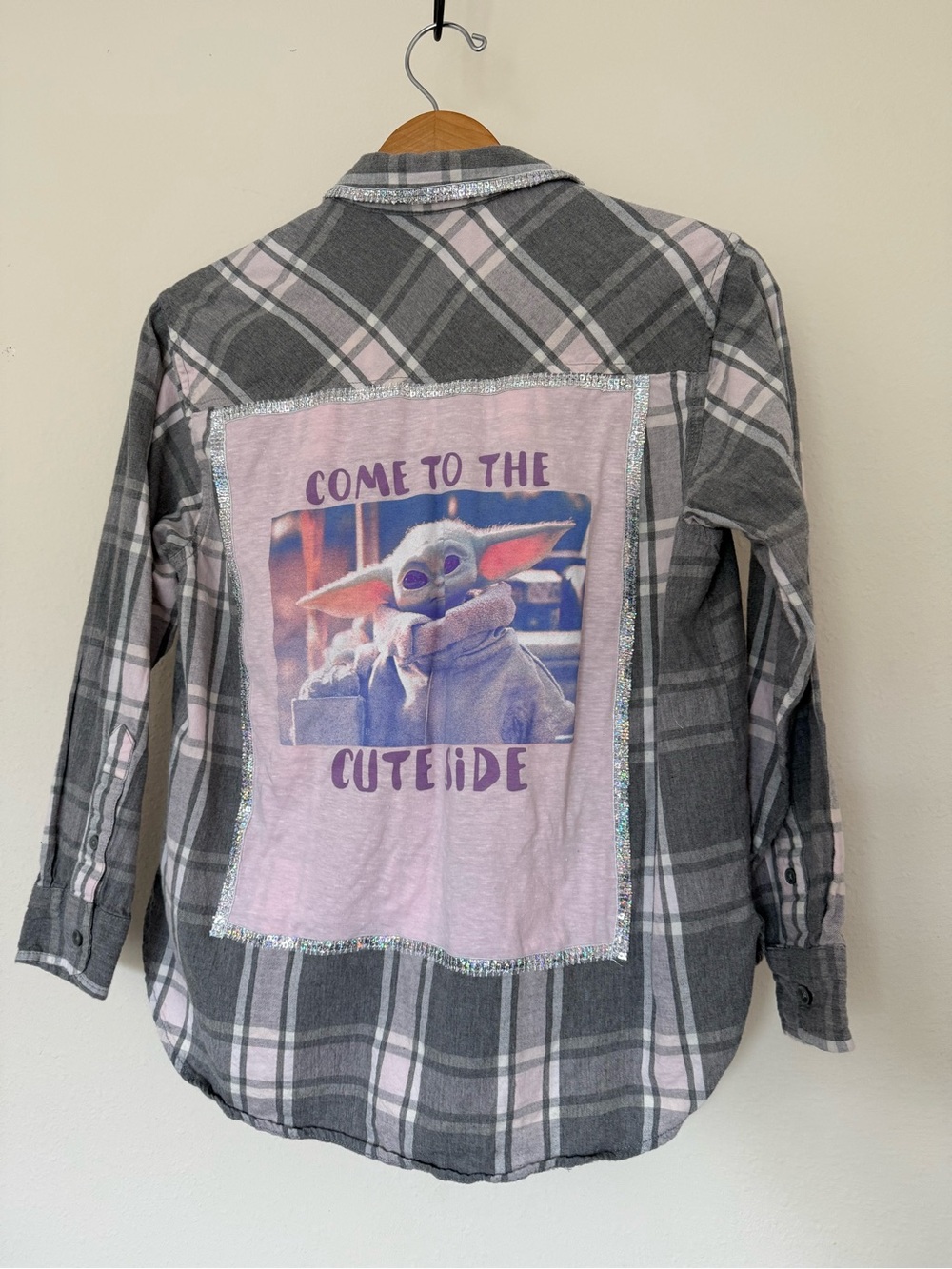 Time and Tru Gray & Pink Plaid Flannel with Baby Yoda Back Graphic